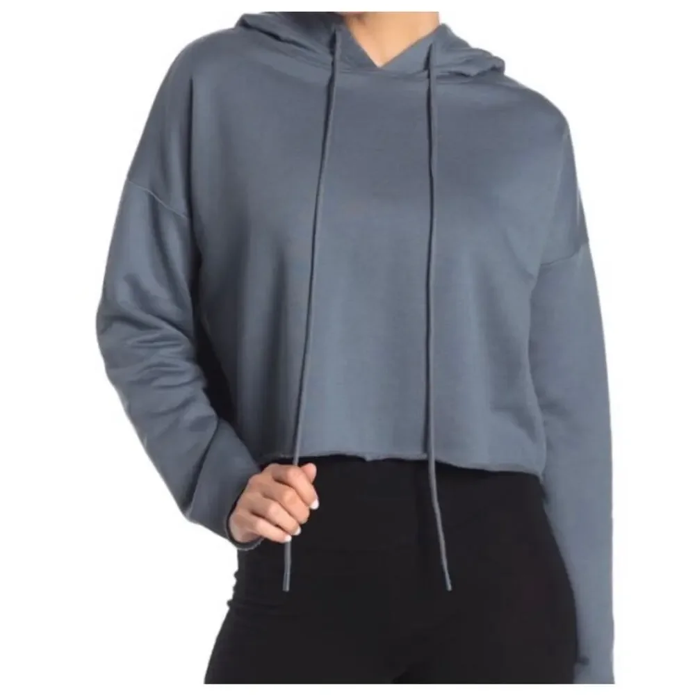 Alo Yoga Cropped Hoodie Blue Gray Drawstring Athleisure Lounge‎ Sweatshirt Cozy